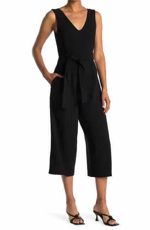 women's yoga pantsTorela Crop Wide Leg Waist Tie Jumpsuit In Black