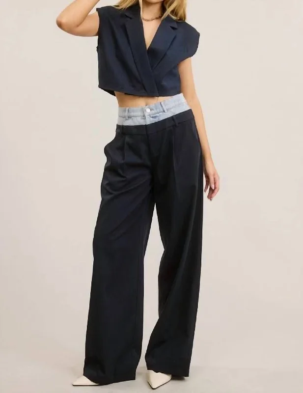 women's everyday pantsWide Leg Trouser With Denim Waistband In Navy