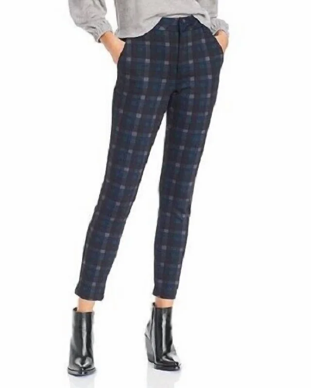 women's linen pantsStretch High Rise Slim Pants In Green Navy Plaid