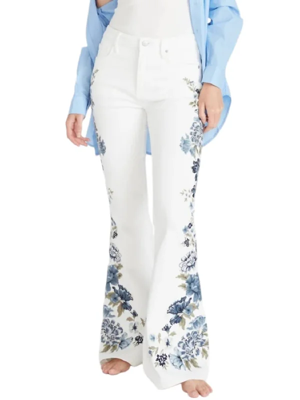 women's drawstring pantsFarrah Flare Jeans In White Bluebell Fleur