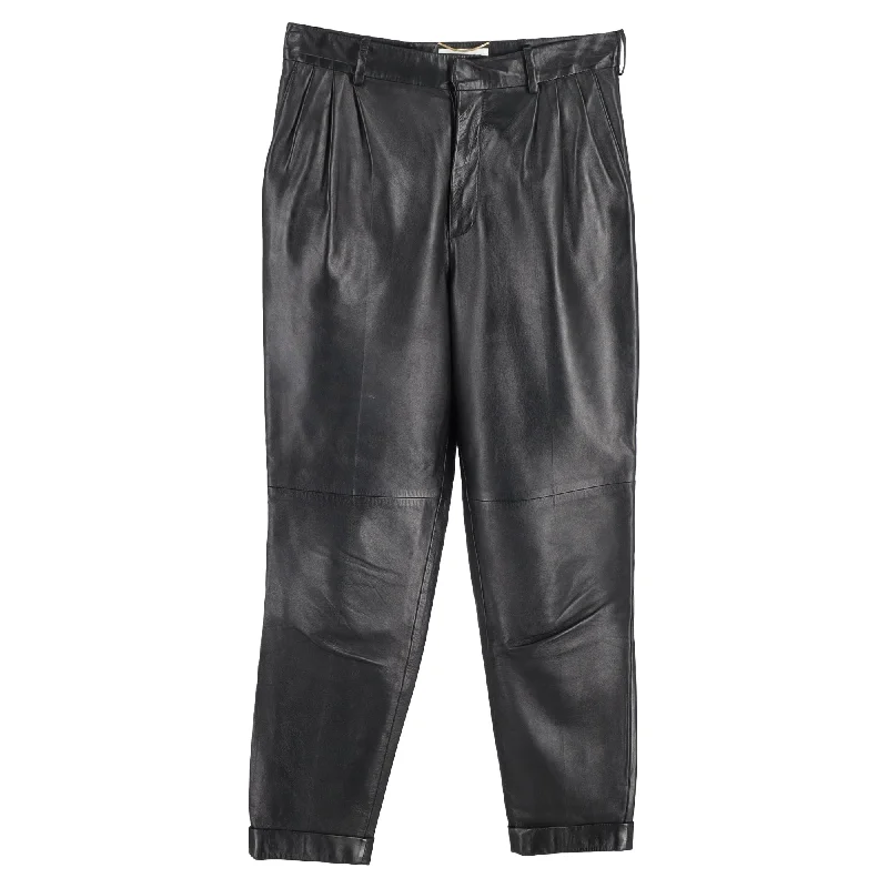 women's breathable pantsSaint Laurent Pleated Trousers in Black Leather