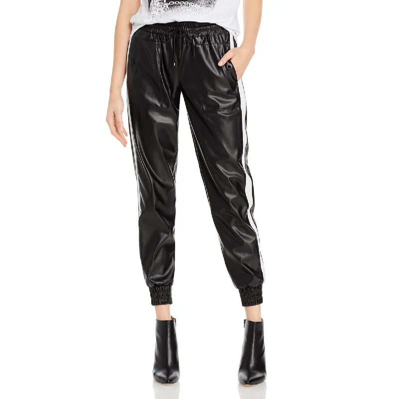 women's travel pantsWomens Faux Leather Striped Jogger Pants