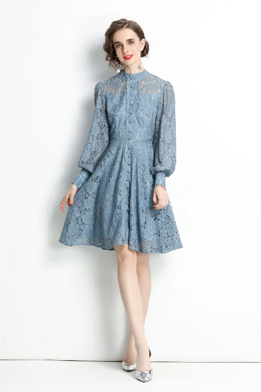 asymmetrical party dressesBlue Evening A-line Crewneck Long Sleeve Above Knee Lace Dress