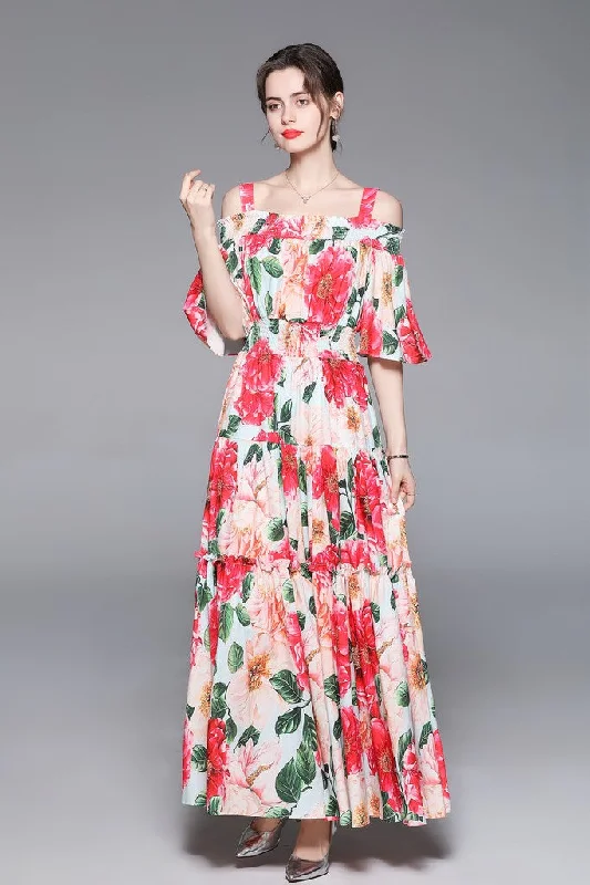 tulle party dressesMulticolor ?ocktail & Party A-line Strap Off The Shoulder Elbow Sleeve Ankle Floral Dress