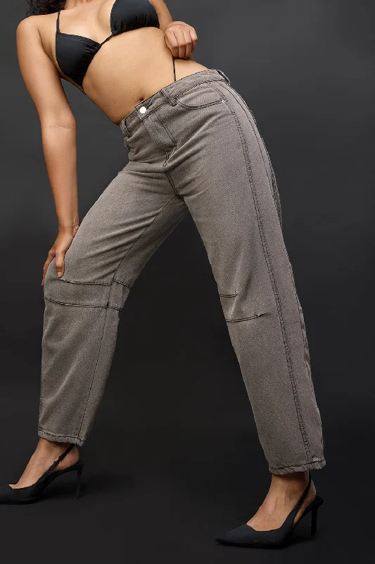 women's denim jeans for autumnTaupe Grey Barrel Leg Jeans