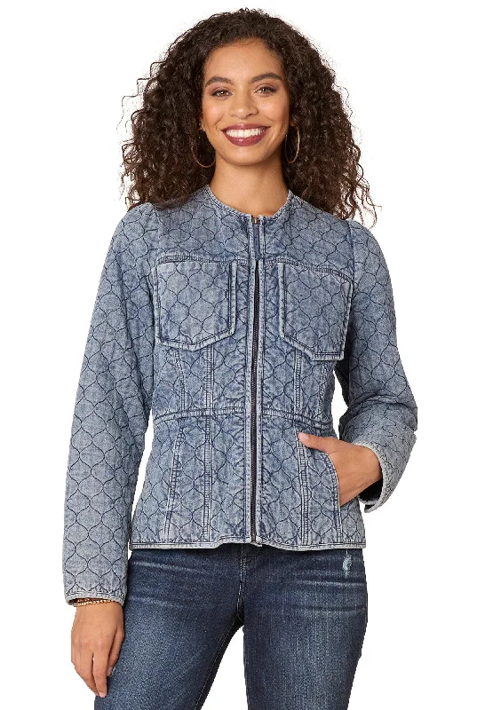 women's denim jeans with functional pocketsLong Puff Sleeve Round Neck Zip Front Quilted Peplum Denim Jacket