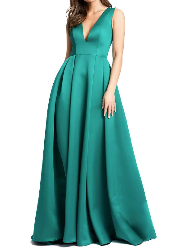 satin party dressesWomens Pleated V-Neck Evening Dress