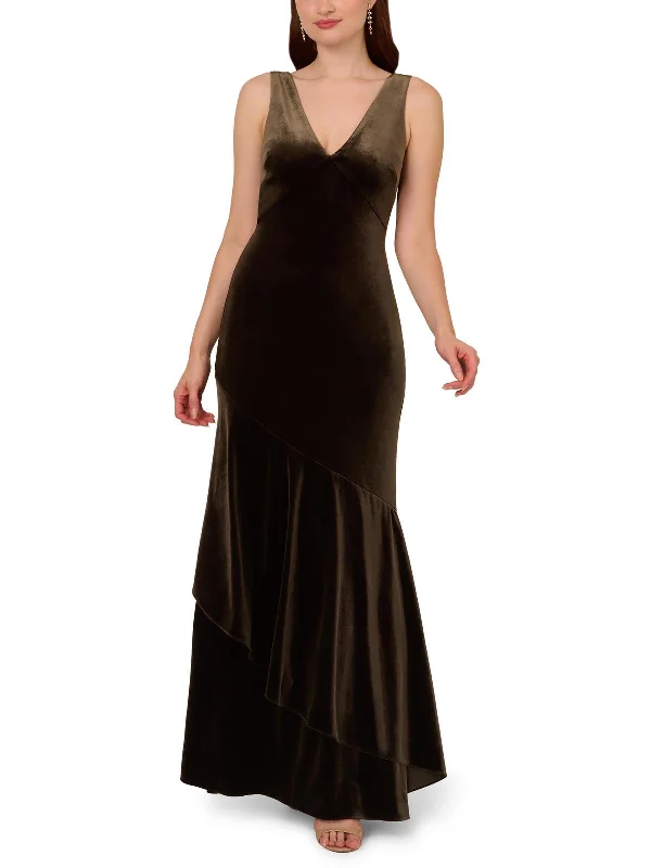 one-shoulder party dressesWomens Velvet Flounce Hem Evening Dress