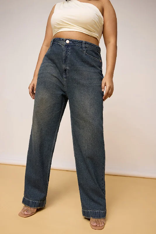 women's elastic waist denim jeansUltimate Curve Weathered Cobalt Straight Leg Jeans