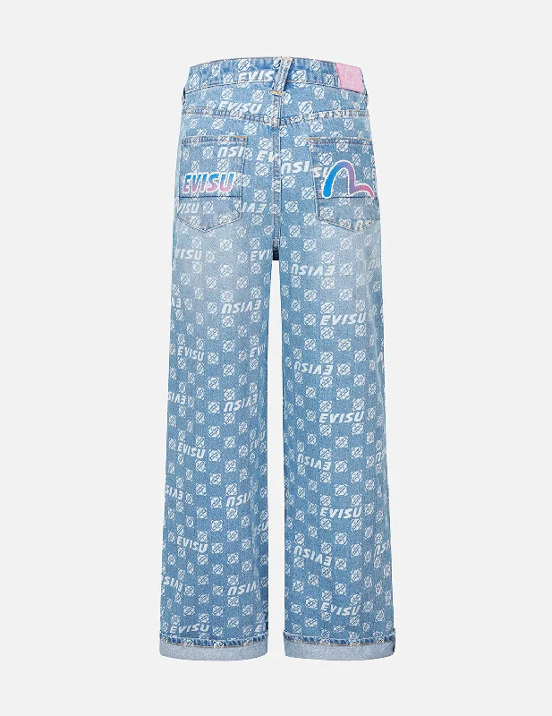 women's denim jeans with fake pocketsAllover and Gradient Seagull and Logo Wide-leg Fit Jeans