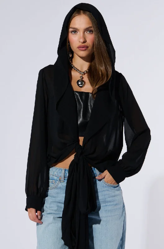 MARGO TIE FRONT BLOUSE WITH HOOD IN BLACK