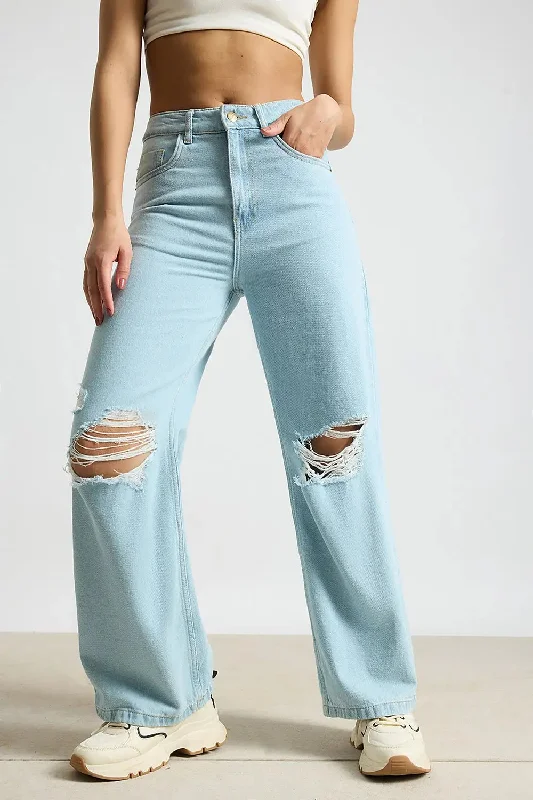 women's denim jeans with elastic waistbandsAqua Haze Distressed High-Rise Jeans