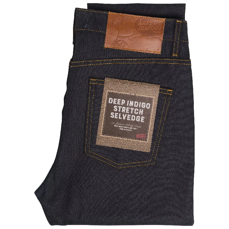 women's denim jeans with raw hemsStacked Guy - Deep Indigo Stretch Selvedge