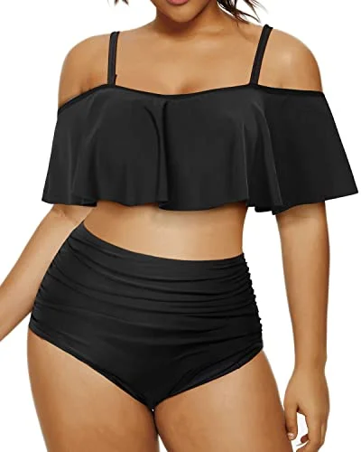 Falbala Two Piece Swimsuits For Women Plus Size Bikini Set-Black