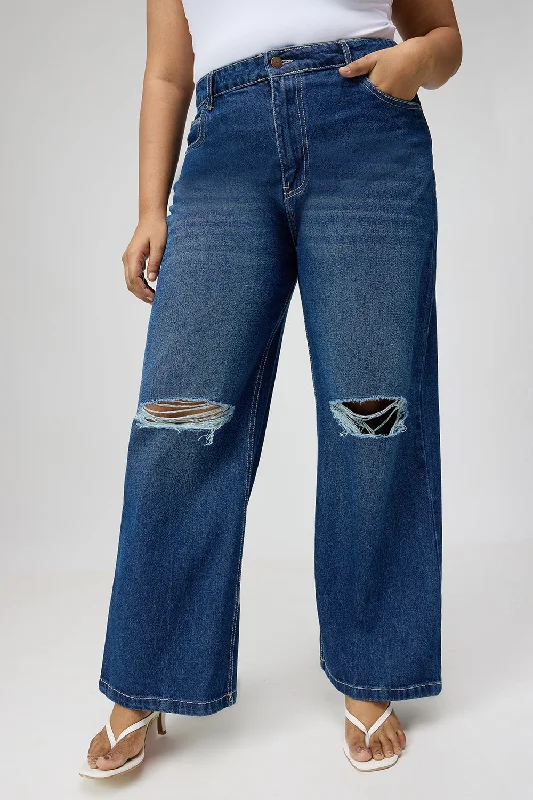 women's denim jeans with embroideryCurve High Waisted Ripped Straight Fit Jeans