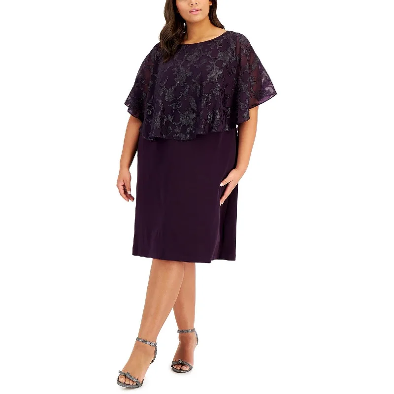 statement-making party dressesPlus Womens Embroidered Cape-Overlay Cocktail and Party Dress