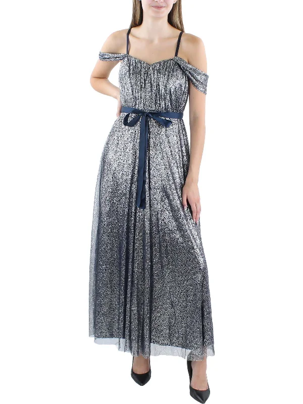 holiday party dressesWomens Metallic Off-The-Shoulder Evening Dress