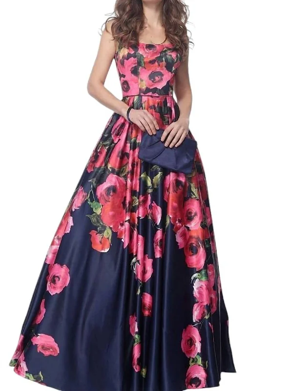 polka dot party dressesFloral Print Evening Gown In Navy