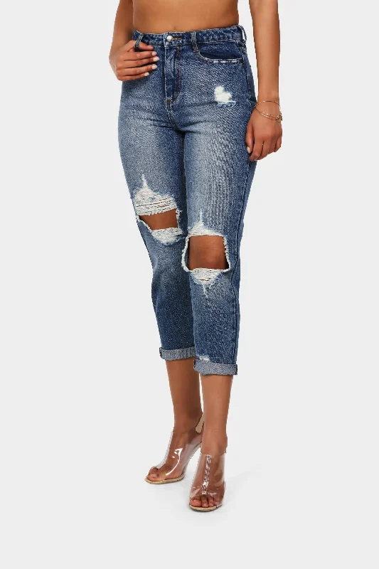 women's denim jeans with zippersDenim Blue High Waisted Ripped Mom Jeans