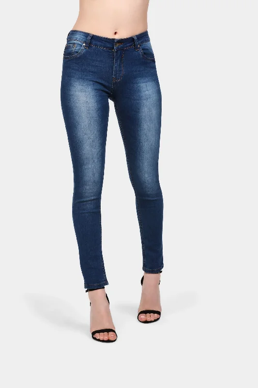 women's denim jeans with distressed thighsBlue Mid Rise Skinny Leg Basic Jeans