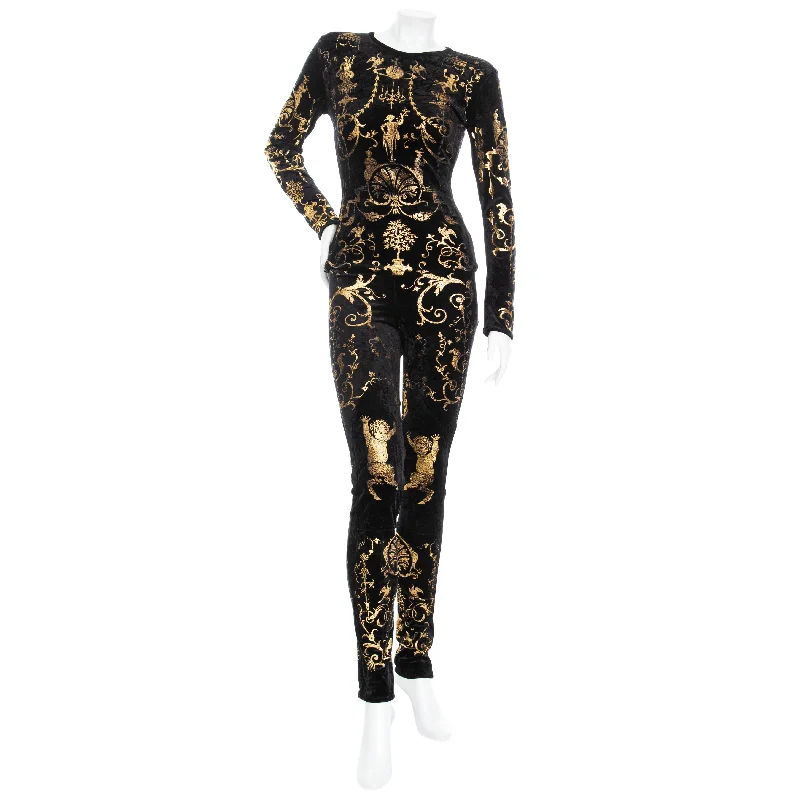 1990 Portrait Collection Black Velour and Gold Printed Foil Top and Leggings Set