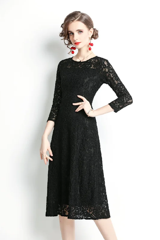 ruffle party dressesBlack Evening Classic A-line Crewneck Bracelet Below Knee Lace Dress