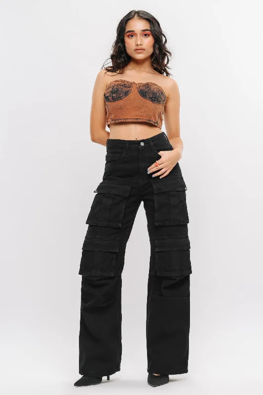 women's denim jeans for hourglass figuresBlack Front Pocketed Denim Cargo