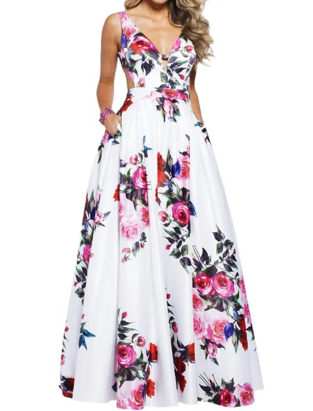 bold color party dressesFloral V-Neck A-Line Evening Gown In White Multi