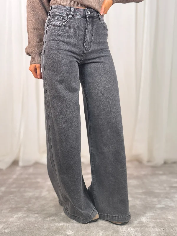 women's denim jeans with animal printsLynne Extra Wide Leg Jeans In Grey Wash