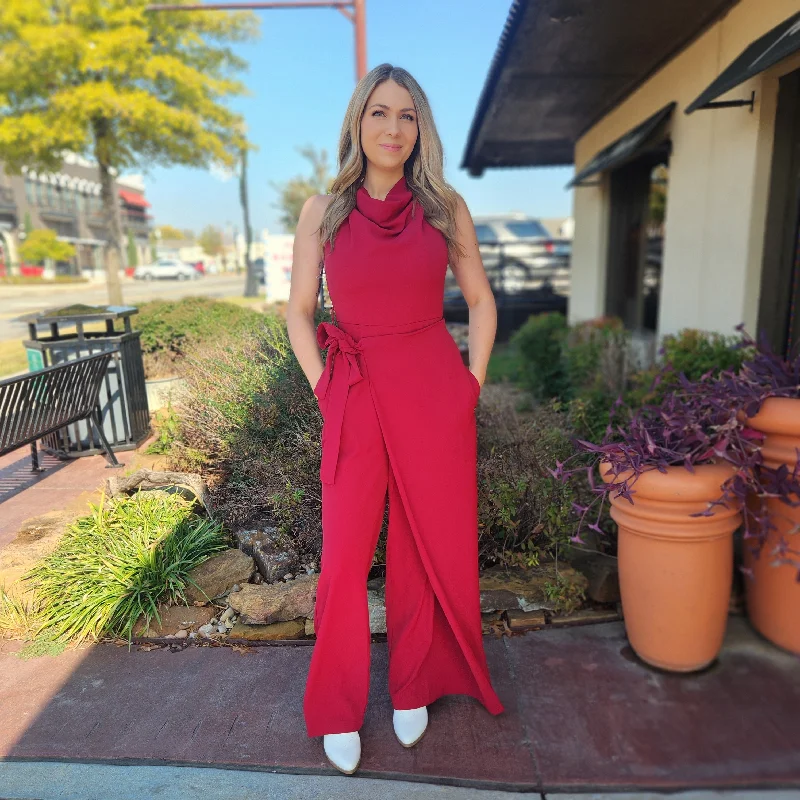 women's skinny denim jeansRed Wide Leg Wrap Jumpsuit