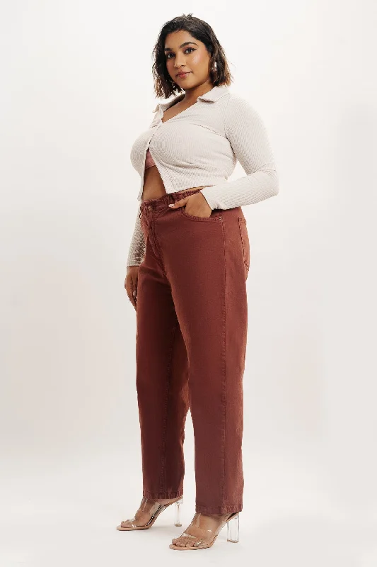 women's mom jeans denimCurve Brown Elasticated Mom Jeans