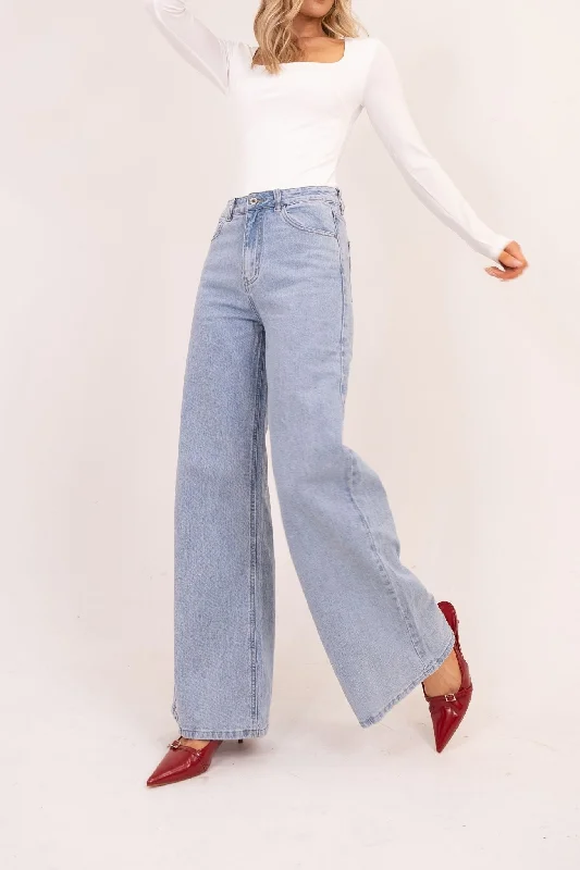 women's denim jeans with frayed edgesLynne Wide Leg Jeans In Light Denim