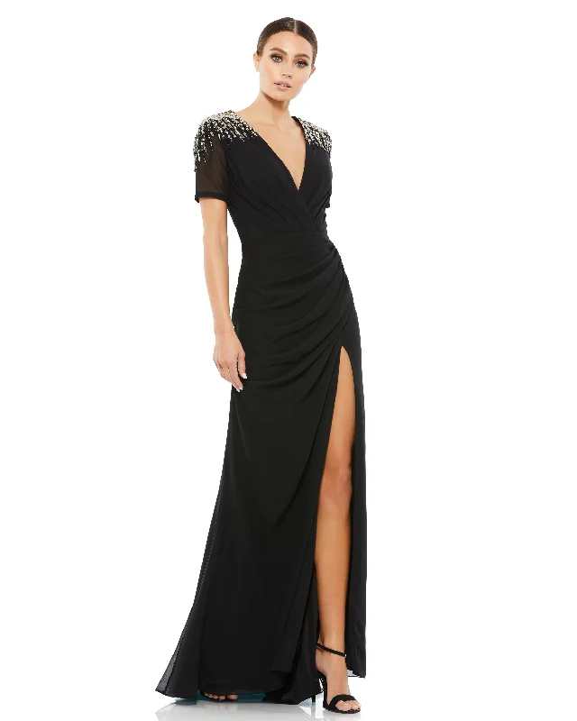 stretchy party dressesSequined Embellished Shoulder Evening Gown