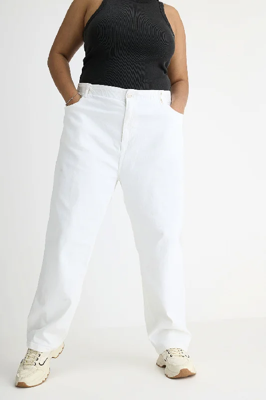 women's dark denim jeansWhite Elasticated Mom Jeans