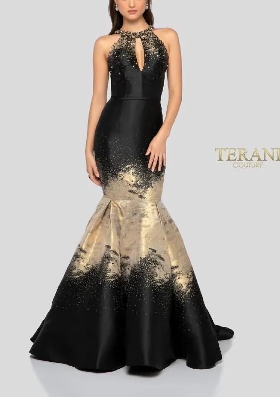 one-shoulder party dressesEvening Dress In Black Gold