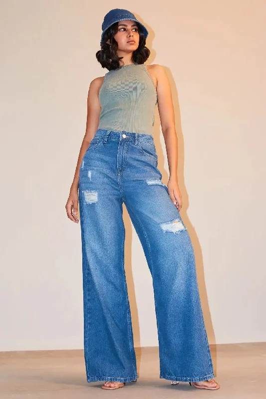 women's faded denim jeansHigh Waisted Ultra Wide Mid Blue Jeans