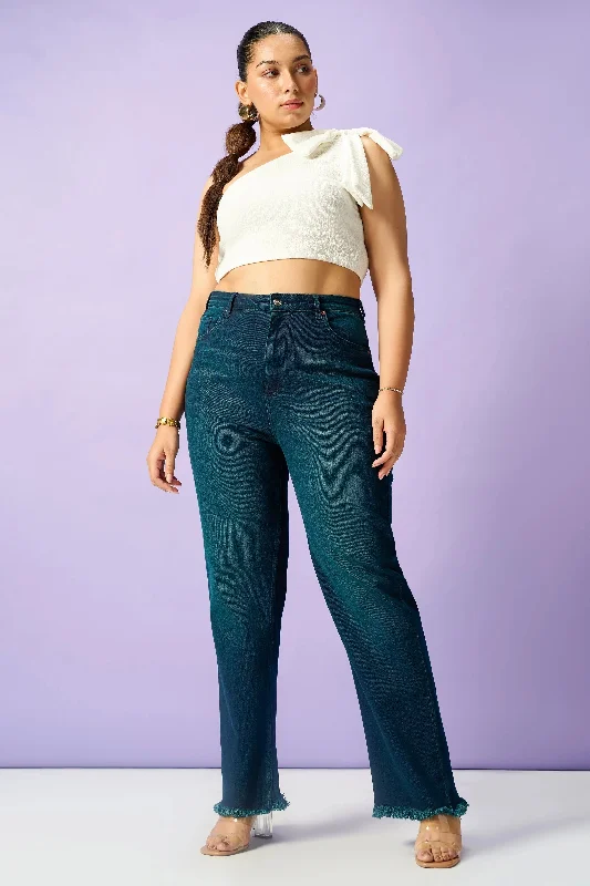 women's denim jeans with distressed hemsSubtle Teal Curve Straight Leg Jeans