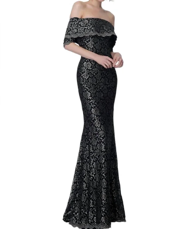 striped party dressesOff The Shoulder Lace Evening Dress In Black/gold