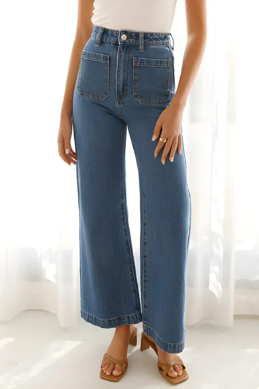 women's denim jeans with leather back pocketsHigh Waist Bootcut Jeans with Pockets