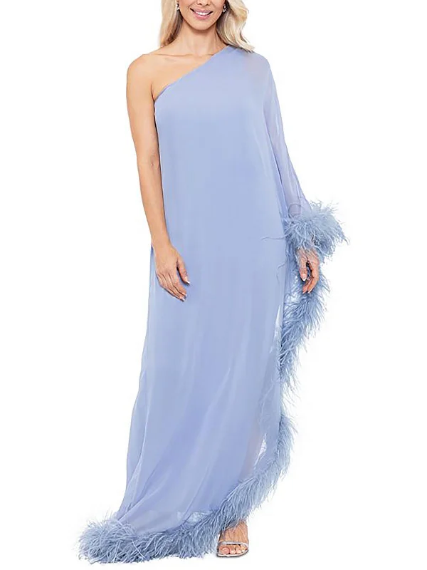 mini party dressesWomens Feather Trim One Shoulder Evening Dress