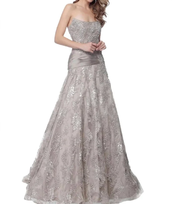 pastel party dressesStrapless Embellished A Line Evening Gown In Taupe