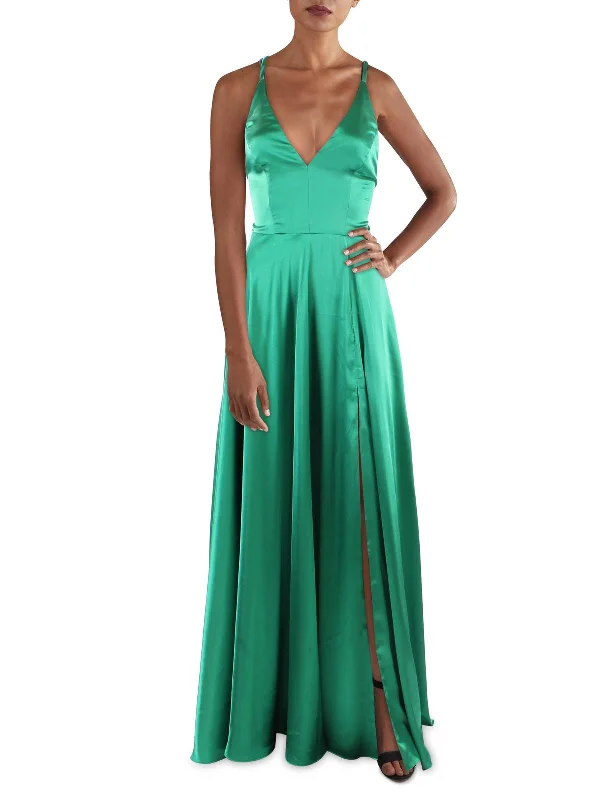 lace-up party dressesWomens Satin V-Neck Evening Dress