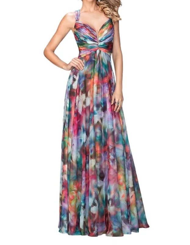 affordable luxury party dressesRuched Aquarelle Print Evening Gown In Multi