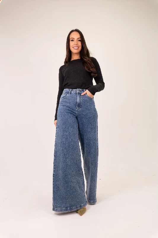 women's denim jeans with distressed back pocketsLynne Extra Wide Leg Jeans In Mid Wash