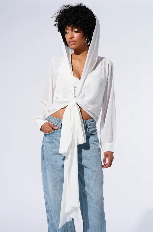 MARGO TIE FRONT BLOUSE WITH HOOD IN WHITE