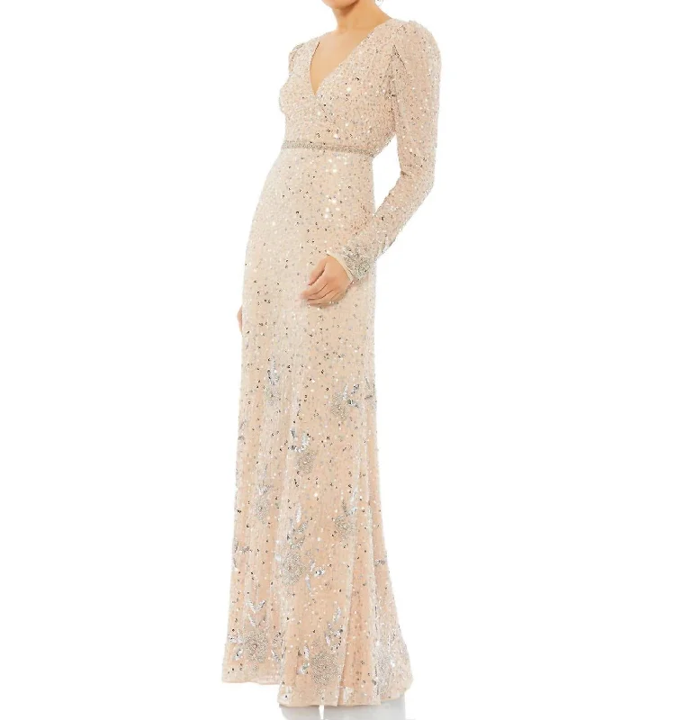 metallic party dressesSequined Long Sleeve Evening Gown In Nude Silver