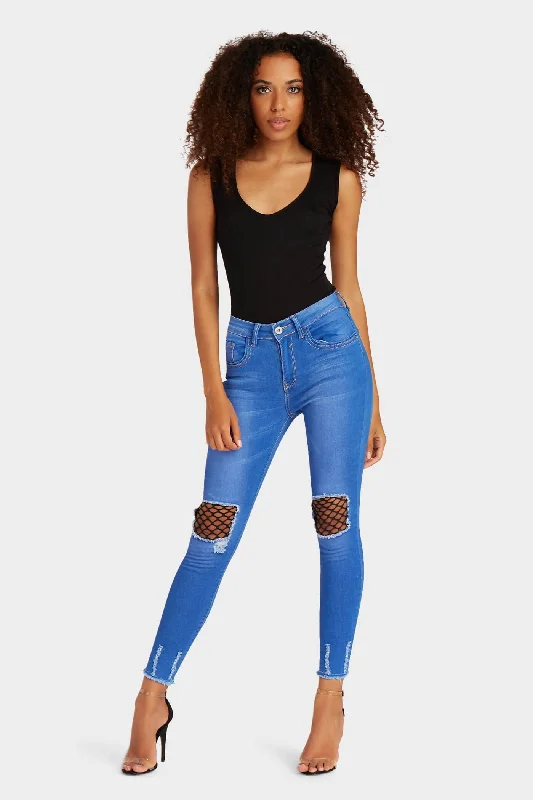 women's mid-rise denim jeansBlue Denim Ripped Knee Mesh Jeans