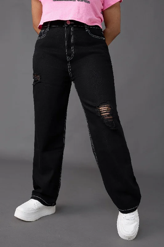 women's denim jeans with distressed thighsCurve Black Distress Straight Jeans