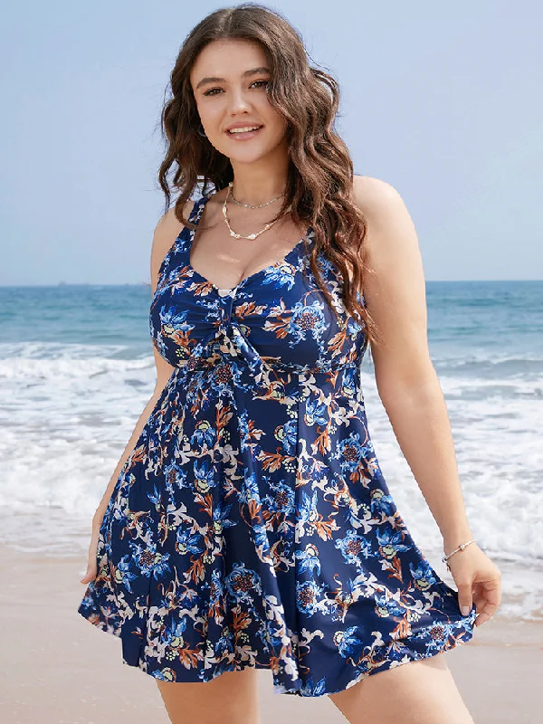 Floral Knot Front Ruched Ruffles Swim Dress