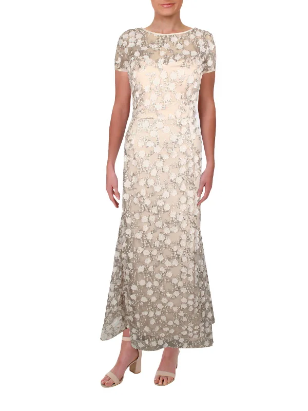 casual party dressesPetites Womens Mesh Floral Evening Dress